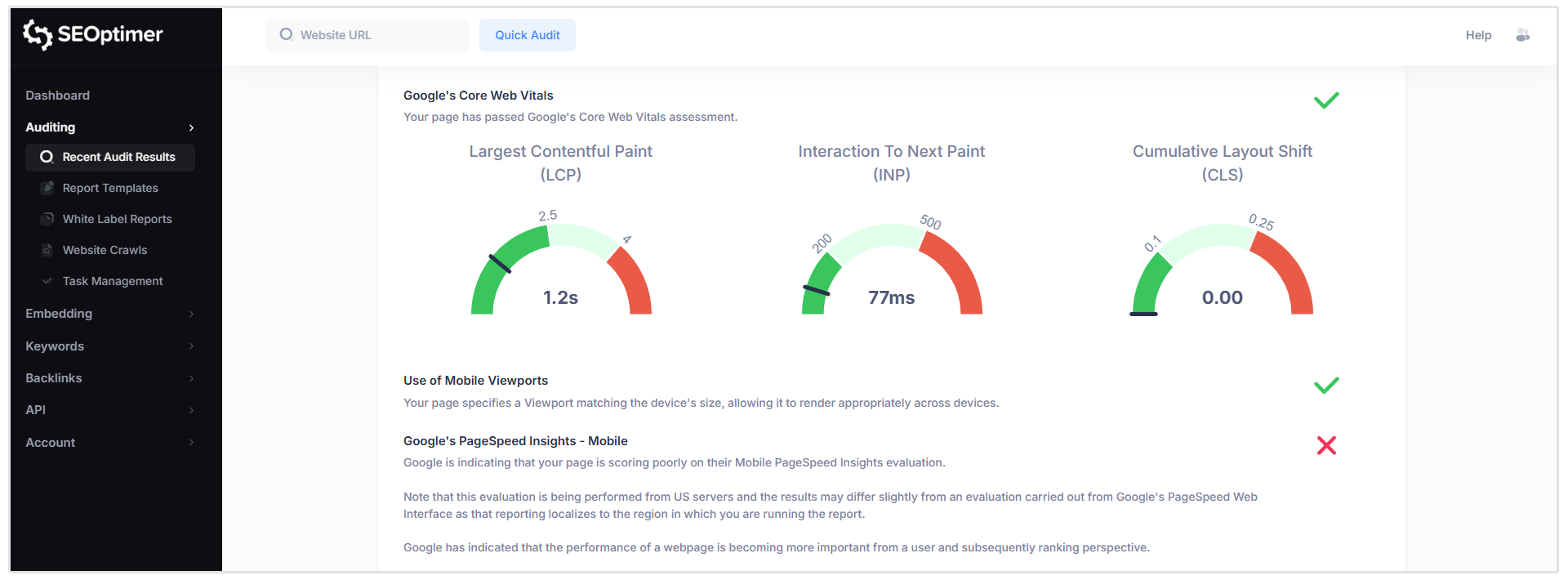 Informe de Core Web Vitals de SEOptimer